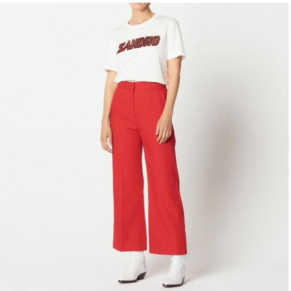 Sandro Instinct Wide-Leg Swiss Dot-Effect Pants 27" / Size 38 / Small / Red - Picture 2 of 10